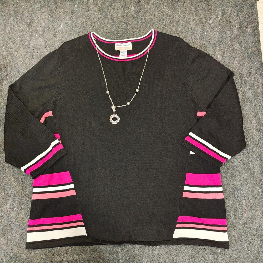 Alfred Dunner Womens Black Pink Striped Knit Top Size XXL Long Sleeve Crew Neck